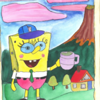 SpongeBob SquarePants dressed as a mailman drinking a cup of coffee in a mountainside scene, watercolors by 5 year old