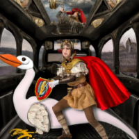 Super Mario dressed as a medieval knight riding a pterodactyl in the back of a bus, Baroque painting